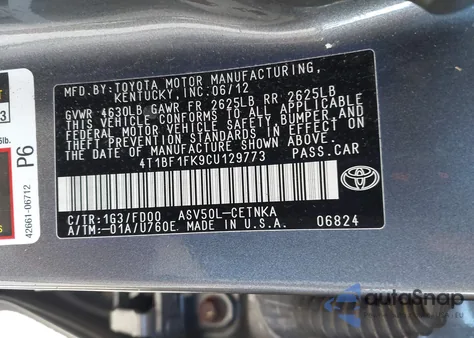 2012 Toyota Camry Le из США, поврежденный, VIN 4T1BF1FK9CU129773